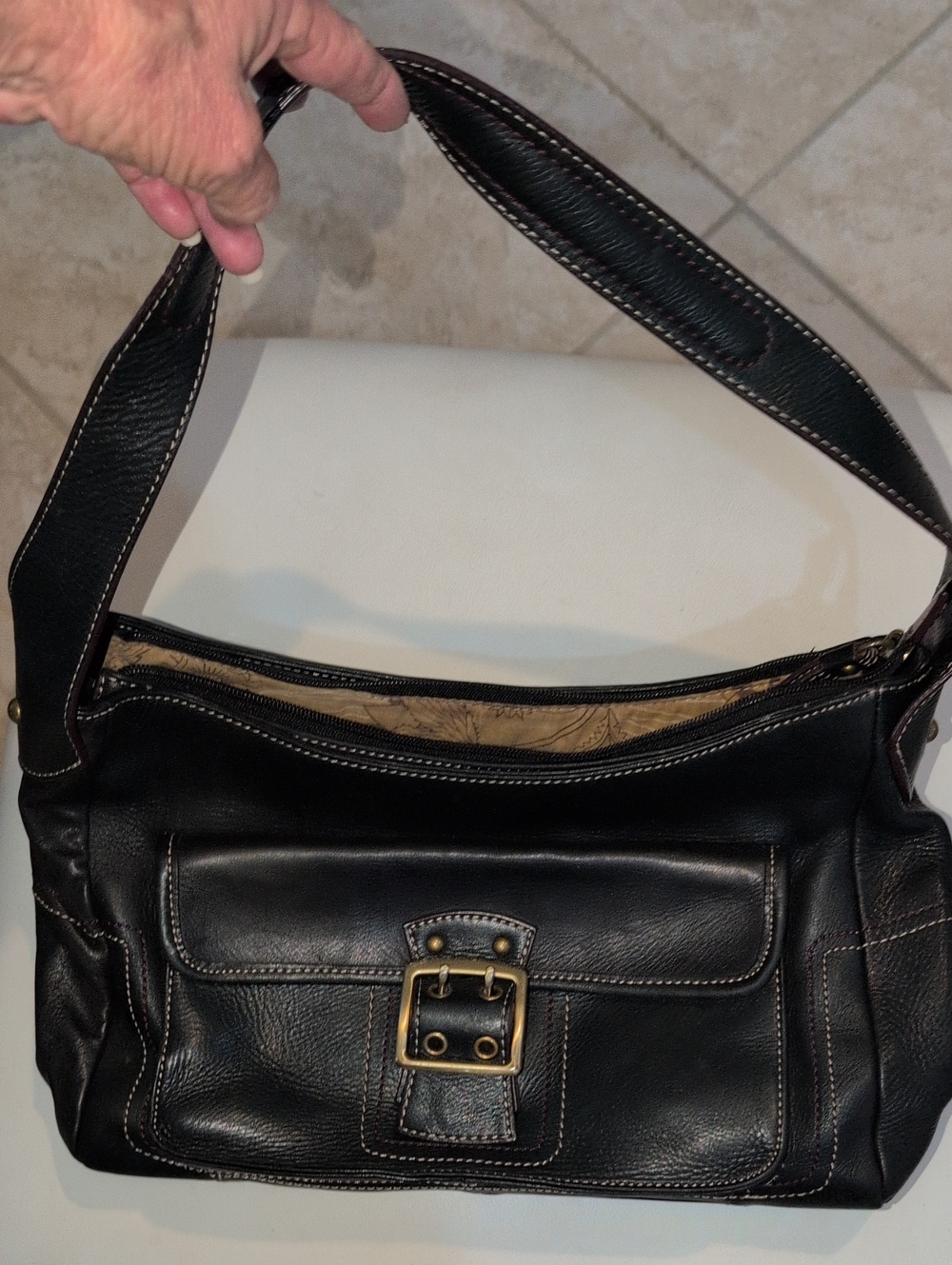 Black Leather Shoulder Bag with Buckle Detail By Franklin Covey - Vintage